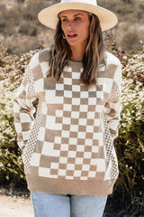 Checkered Round Neck Long Sleeve Sweater - V.I.P Digital Presence