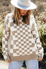 Checkered Round Neck Long Sleeve Sweater - V.I.P Digital Presence