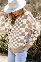 Checkered Round Neck Long Sleeve Sweater - V.I.P Digital Presence