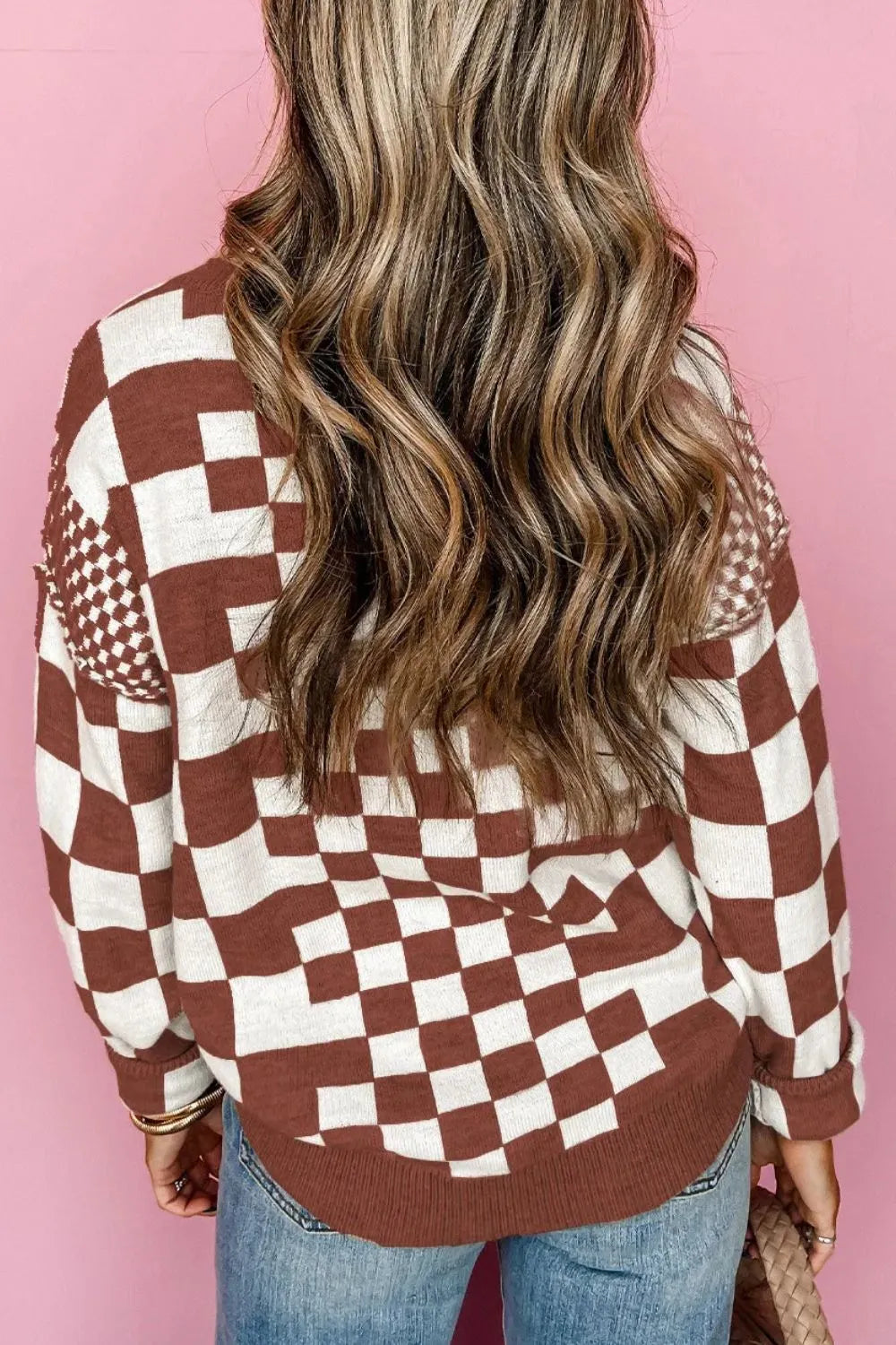 Checkered Round Neck Long Sleeve Sweater - V.I.P Digital Presence