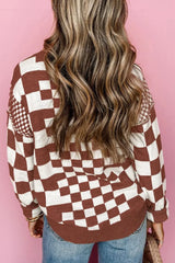 Checkered Round Neck Long Sleeve Sweater - V.I.P Digital Presence
