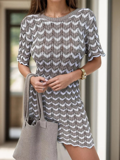 Chevron Round Neck Short Sleeve Knit Dress - V.I.P Digital Presence