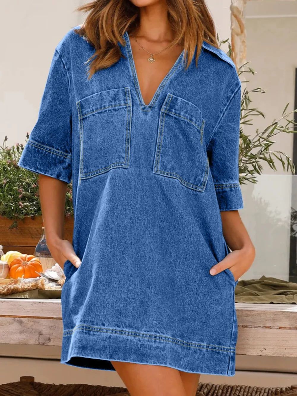 Collar Half Sleeve Denim Dress - V.I.P Digital Presence