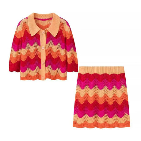 Collar striped contrasting knit shirt+half skirt set - V.I.P Digital Presence
