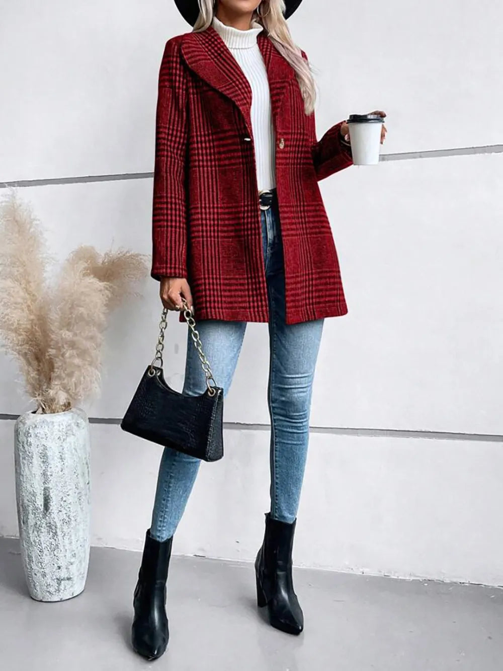 Collar woolen plaid coat with slim fit temperament - V.I.P Digital Presence
