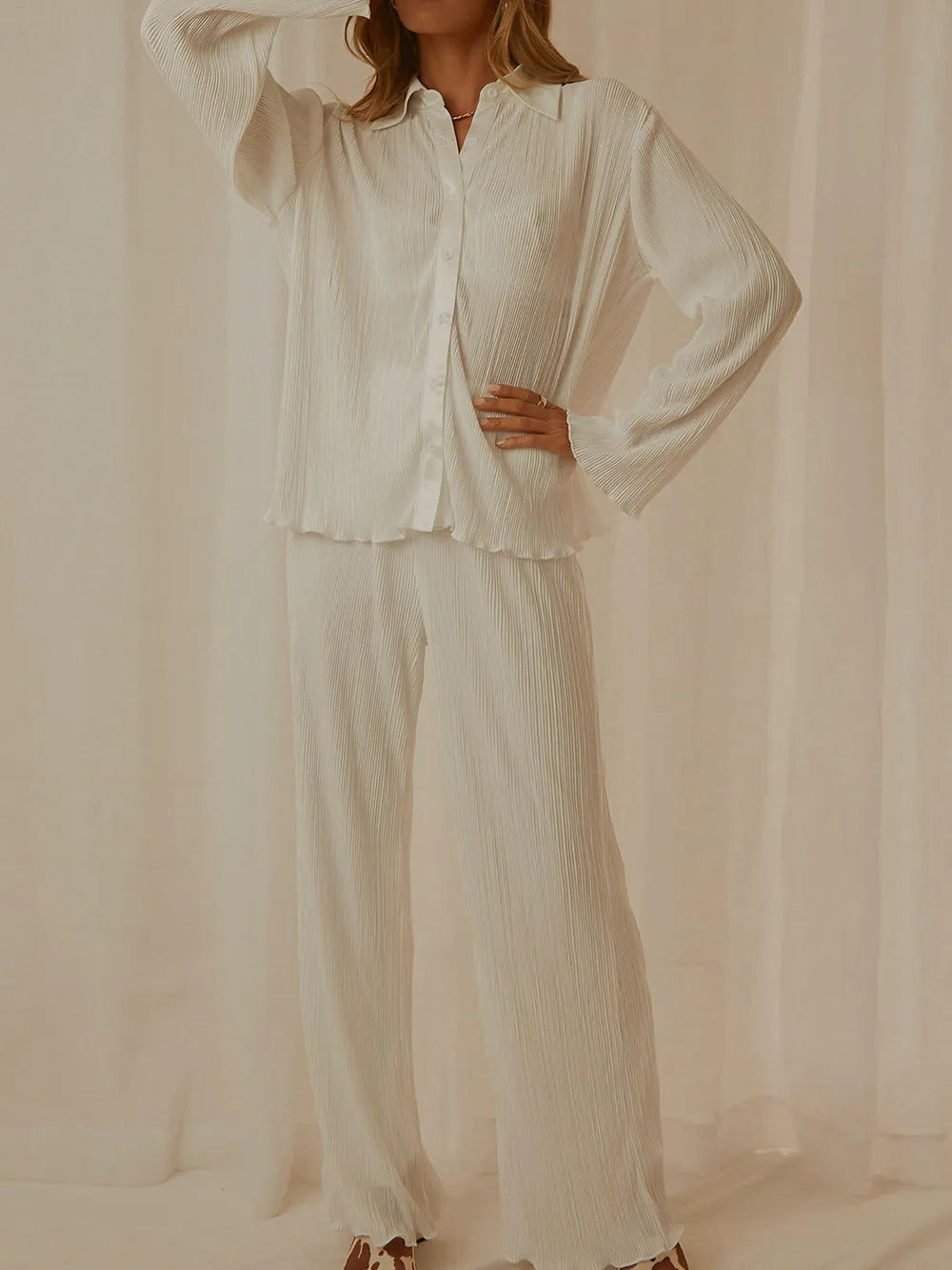 Collared Neck Long Sleeve Top and Pants Lounge Set - V.I.P Digital Presence