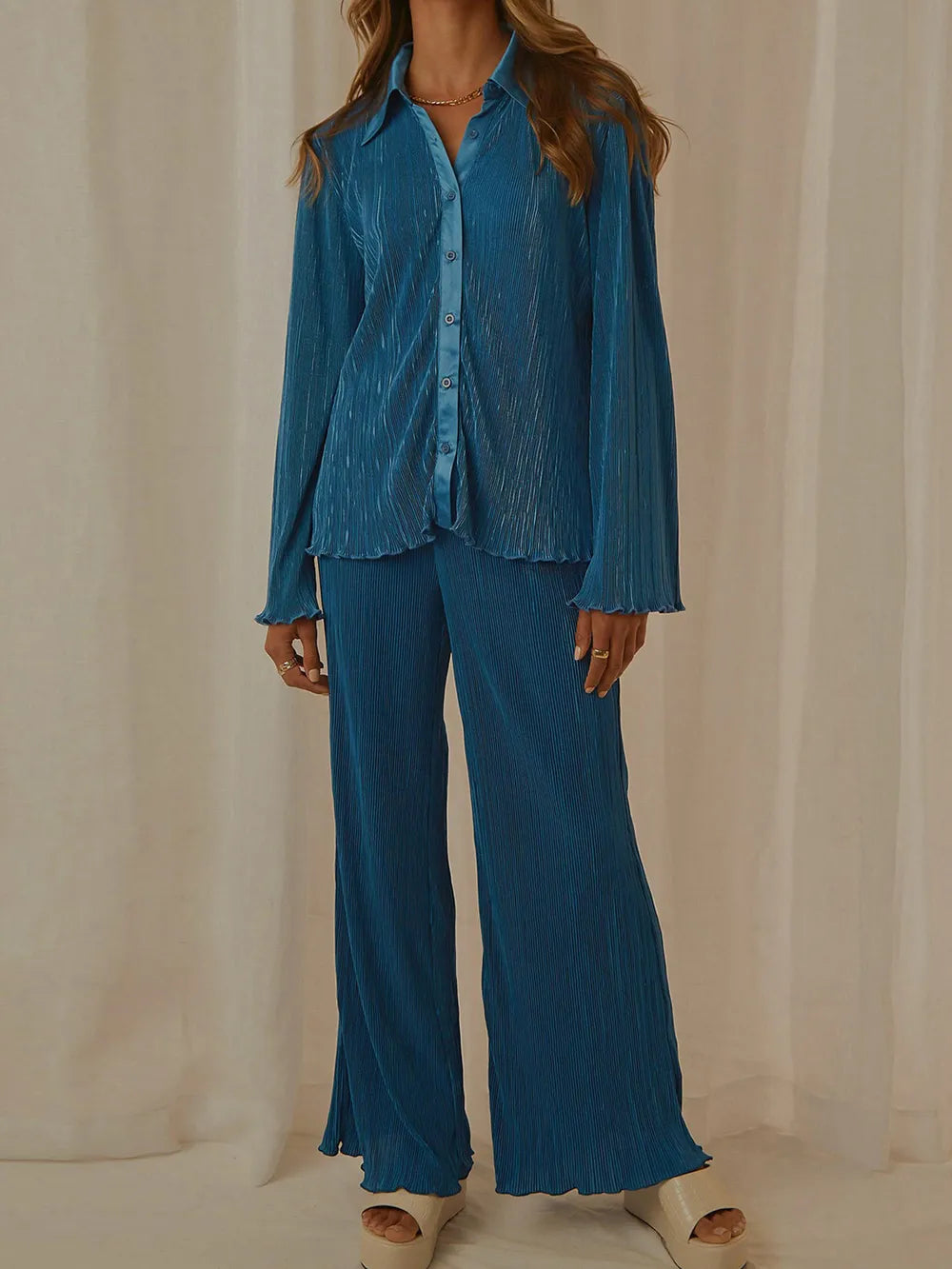Collared Neck Long Sleeve Top and Pants Lounge Set - V.I.P Digital Presence