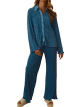 Collared Neck Long Sleeve Top and Pants Lounge Set - V.I.P Digital Presence