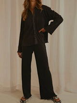 Collared Neck Long Sleeve Top and Pants Lounge Set - V.I.P Digital Presence