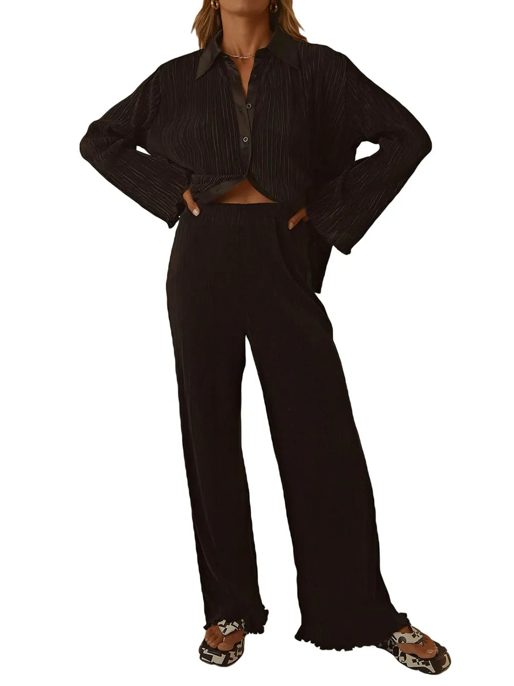 Collared Neck Long Sleeve Top and Pants Lounge Set - V.I.P Digital Presence