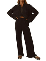 Collared Neck Long Sleeve Top and Pants Lounge Set - V.I.P Digital Presence