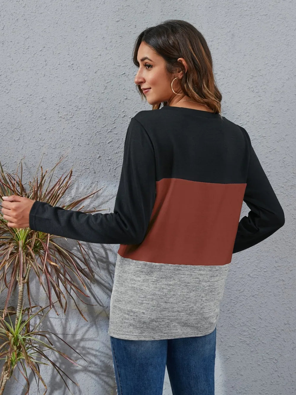 Color Block Round Neck Long Sleeve T-Shirt - V.I.P Digital Presence