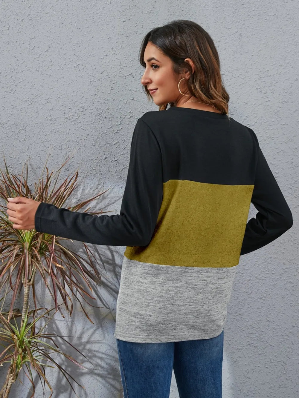 Color Block Round Neck Long Sleeve T-Shirt - V.I.P Digital Presence