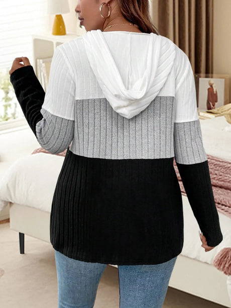 Color blocked hooded long sleeved knitted sweater plus size hoodie - V.I.P Digital Presence