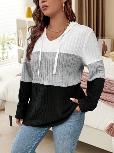 Color blocked hooded long sleeved knitted sweater plus size hoodie - V.I.P Digital Presence