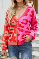 Color blocked leopard print V-neck single breasted cardigan sweater - V.I.P Digital Presence
