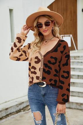 Color blocked leopard print V-neck single breasted cardigan sweater - V.I.P Digital Presence