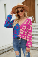 Color blocked leopard print V-neck single breasted cardigan sweater - V.I.P Digital Presence