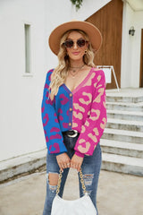 Color blocked leopard print V-neck single breasted cardigan sweater - V.I.P Digital Presence