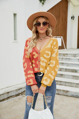 Color blocked leopard print V-neck single breasted cardigan sweater - V.I.P Digital Presence