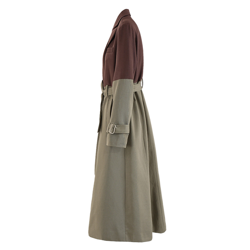 Color blocking patchwork windbreaker women's lace up waist cinched long jacket coat - V.I.P Digital Presence