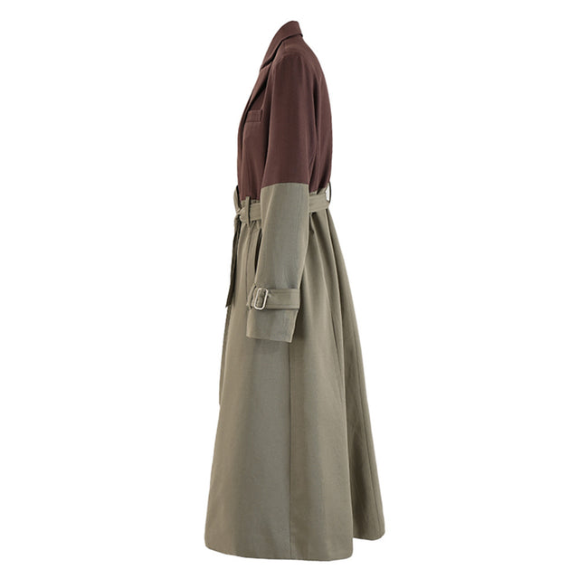 Color blocking patchwork windbreaker women's lace up waist cinched long jacket coat - V.I.P Digital Presence