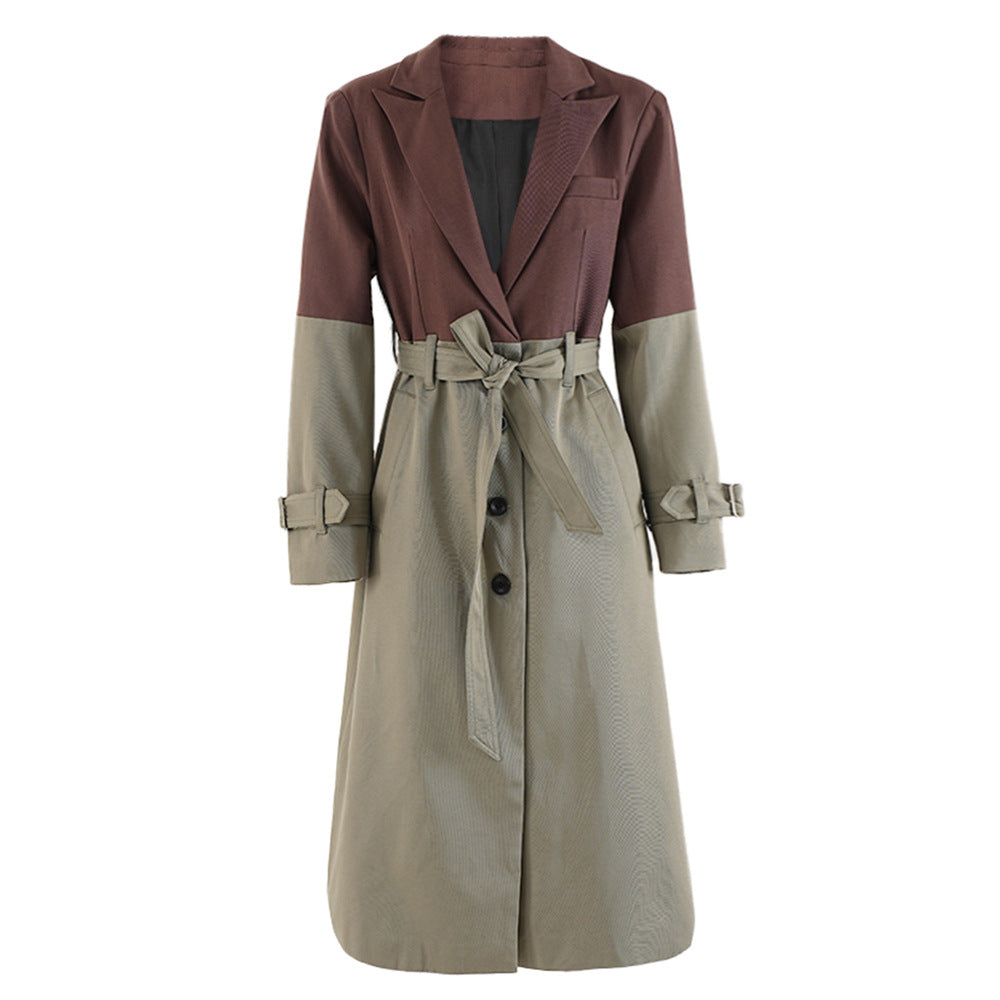 Color blocking patchwork windbreaker women's lace up waist cinched long jacket coat - V.I.P Digital Presence