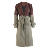 Color blocking patchwork windbreaker women's lace up waist cinched long jacket coat - V.I.P Digital Presence