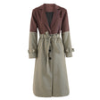 Color blocking patchwork windbreaker women's lace up waist cinched long jacket coat - V.I.P Digital Presence