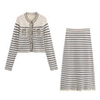 Color blocking striped women's knitted sweater top+striped hollow knitted skirt set for women - V.I.P Digital Presence