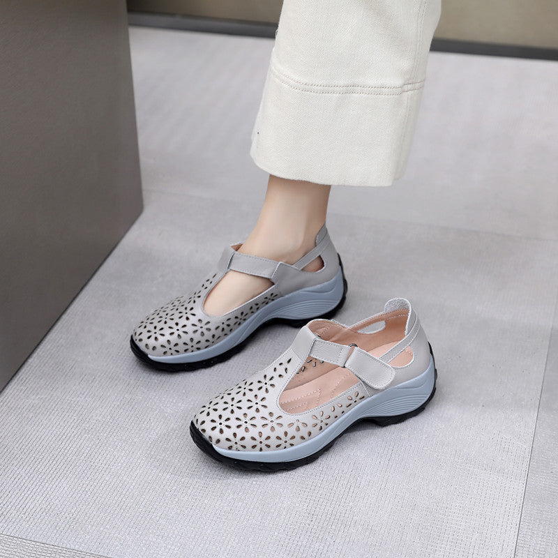 Comfortable flat heeled women's shoes with laser cut holes in the cowhide toe layer sandals with soft low and oversized shoes - V.I.P Digital Presence