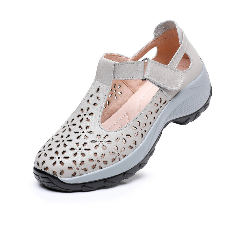 Comfortable flat heeled women's shoes with laser cut holes in the cowhide toe layer sandals with soft low and oversized shoes - V.I.P Digital Presence