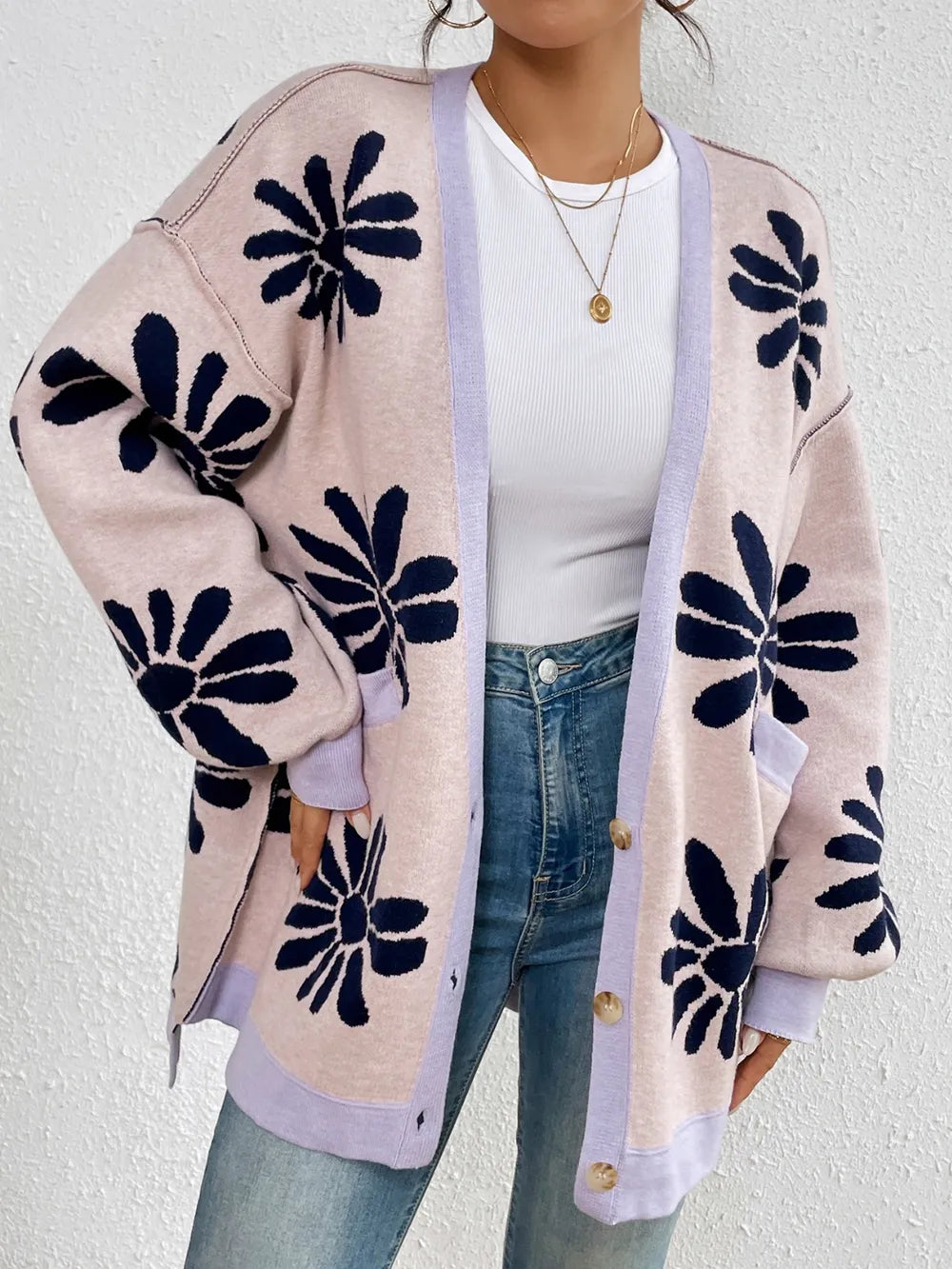 Contrast Dropped Shoulder Long Sleeve Cardigan - V.I.P Digital Presence