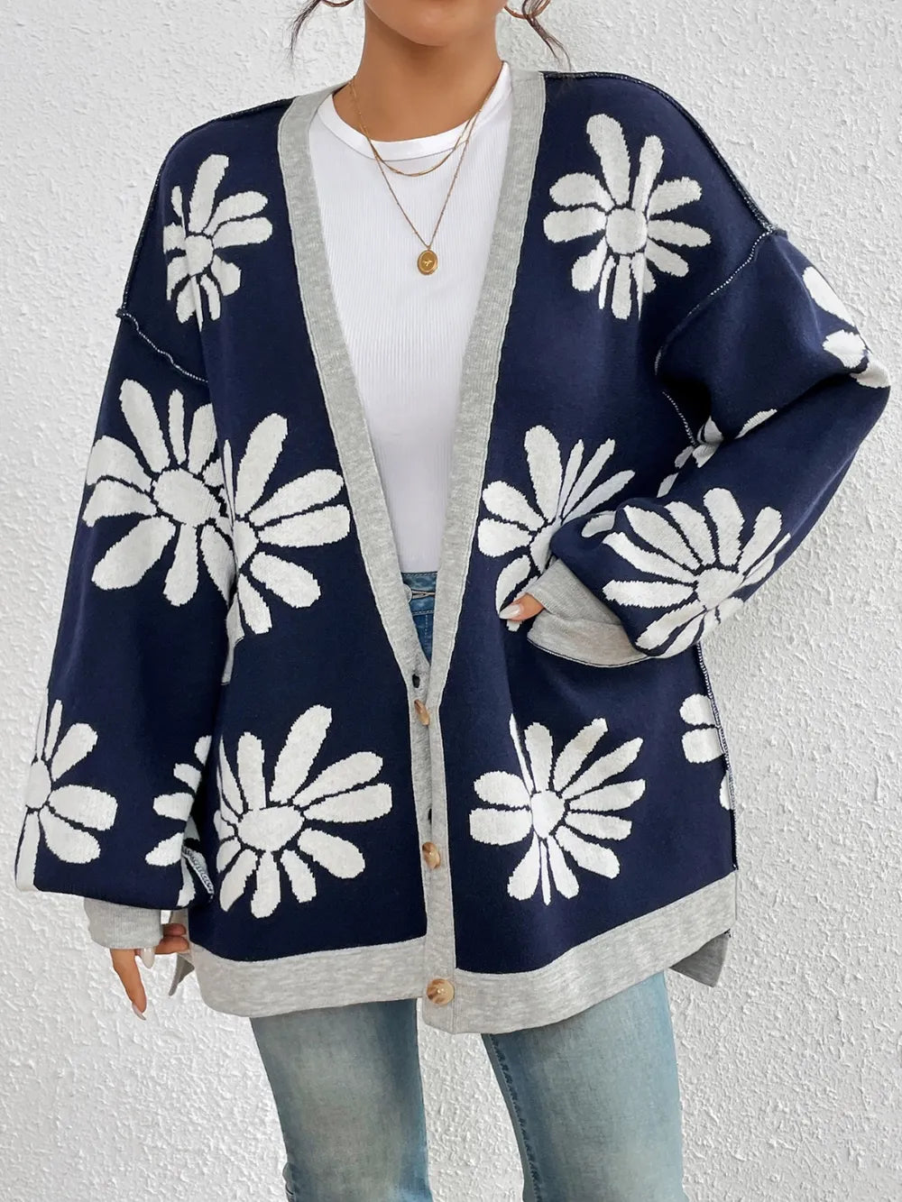 Contrast Dropped Shoulder Long Sleeve Cardigan - V.I.P Digital Presence