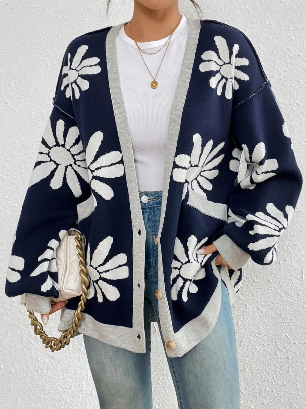 Contrast Dropped Shoulder Long Sleeve Cardigan - V.I.P Digital Presence