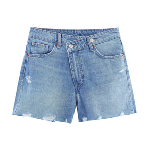 Cross waisted A-line denim straight shorts for women - V.I.P Digital Presence