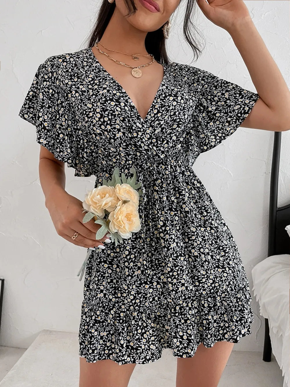 Cutout Ditsy Floral Surplice Flounce Sleeve Dress - V.I.P Digital Presence