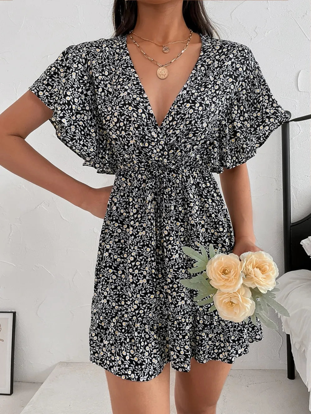 Cutout Ditsy Floral Surplice Flounce Sleeve Dress - V.I.P Digital Presence