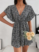 Cutout Ditsy Floral Surplice Flounce Sleeve Dress - V.I.P Digital Presence