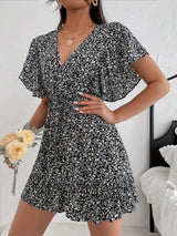 Cutout Ditsy Floral Surplice Flounce Sleeve Dress - V.I.P Digital Presence
