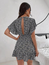 Cutout Ditsy Floral Surplice Flounce Sleeve Dress - V.I.P Digital Presence
