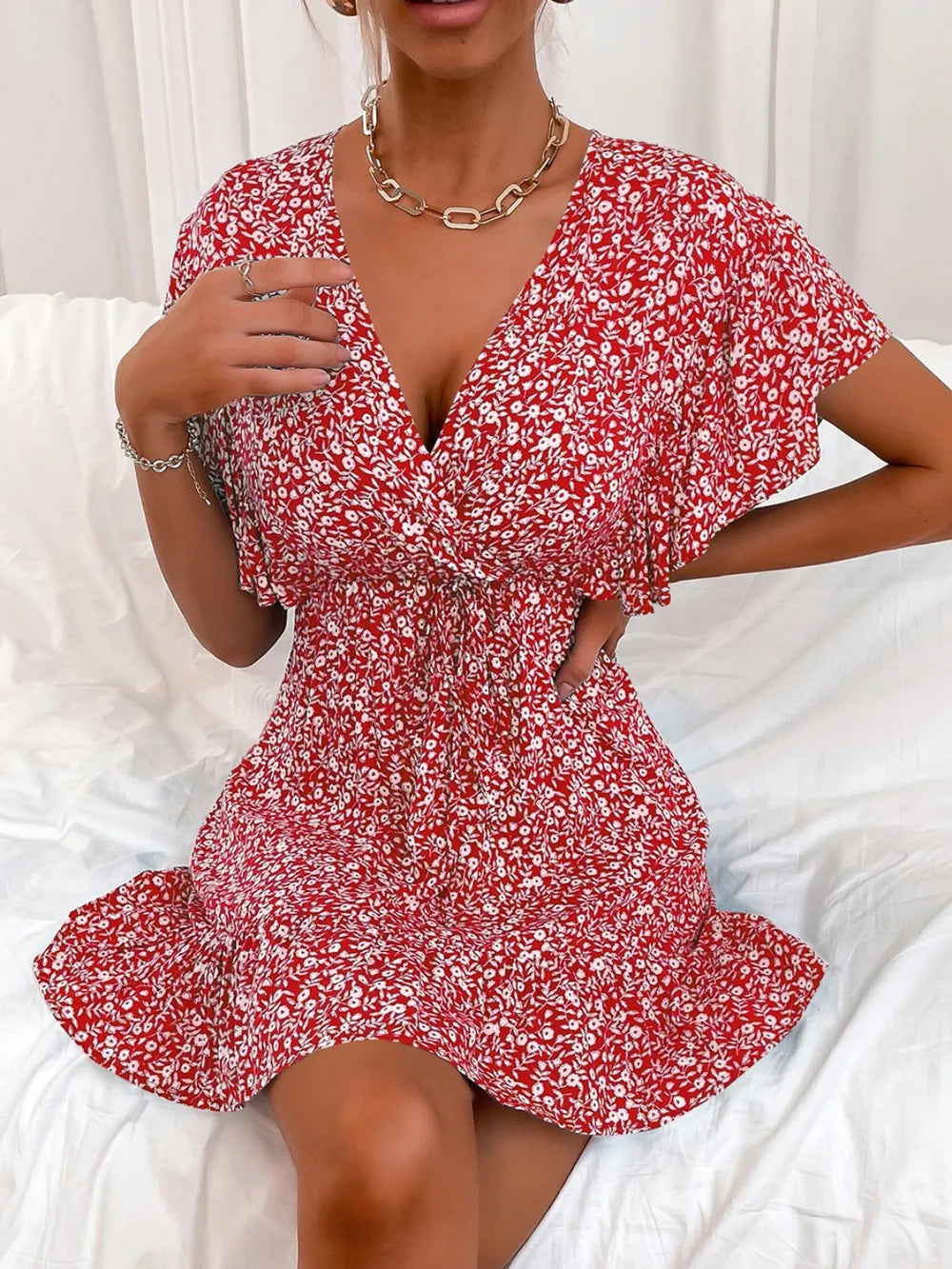 Cutout Ditsy Floral Surplice Flounce Sleeve Dress - V.I.P Digital Presence