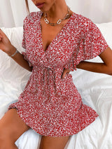Cutout Ditsy Floral Surplice Flounce Sleeve Dress - V.I.P Digital Presence
