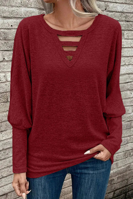 Cutout Round Neck Long Sleeve T-Shirt - V.I.P Digital Presence