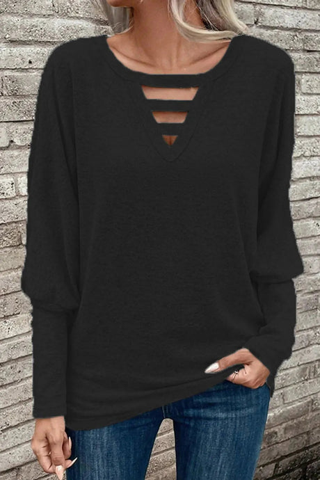 Cutout Round Neck Long Sleeve T-Shirt - V.I.P Digital Presence
