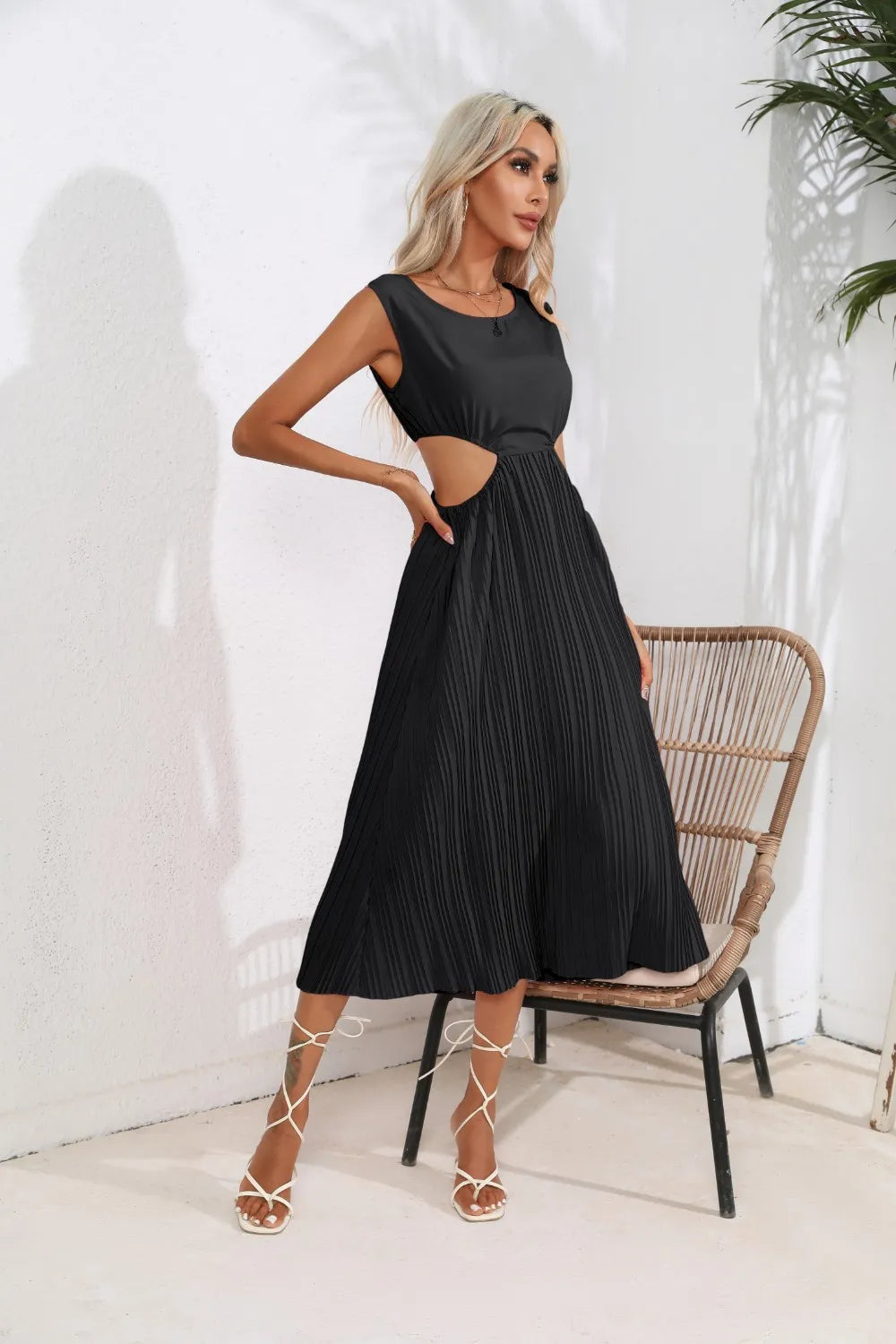 Cutout Ruched Round Neck Tank Dress - V.I.P Digital Presence