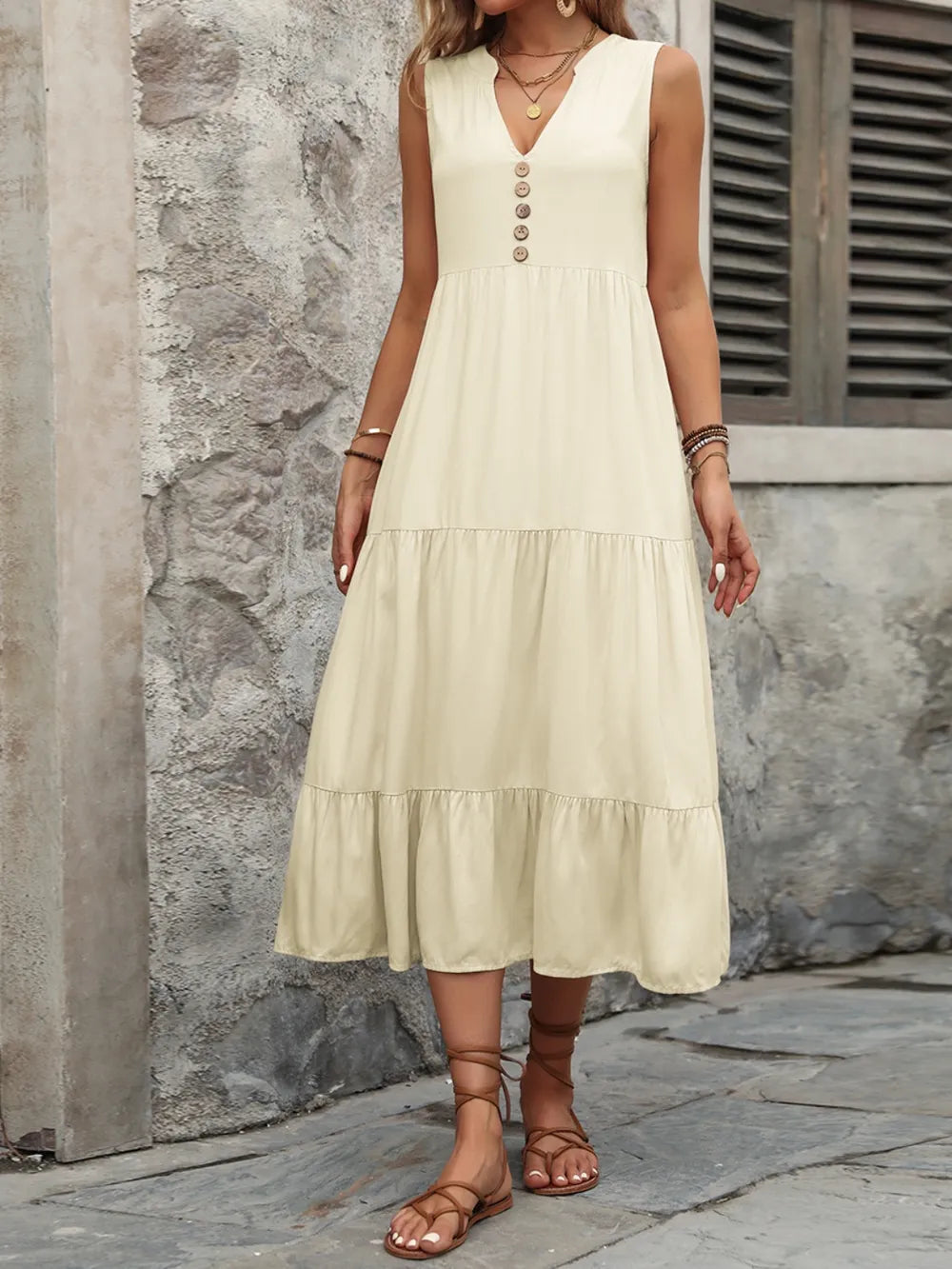 Decorative Button Notched Sleeveless Dress - V.I.P Digital Presence