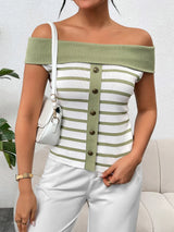 Decorative Button Striped Off-Shoulder Knit Top - V.I.P Digital Presence
