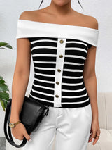 Decorative Button Striped Off-Shoulder Knit Top - V.I.P Digital Presence