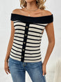 Decorative Button Striped Off-Shoulder Knit Top - V.I.P Digital Presence